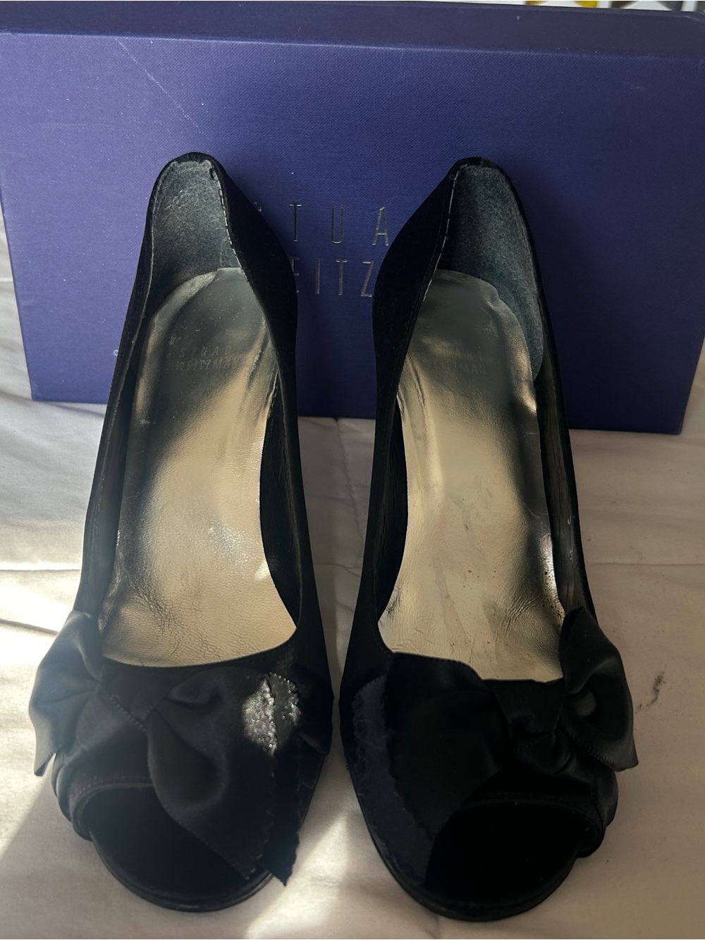 Stuart Weitzman 'Twizzie' Black Satin Heels – Size 9